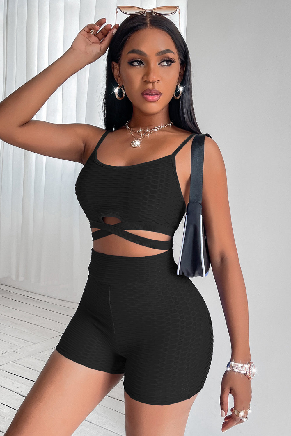 Criss Cross High Waist Shorts Set_4
